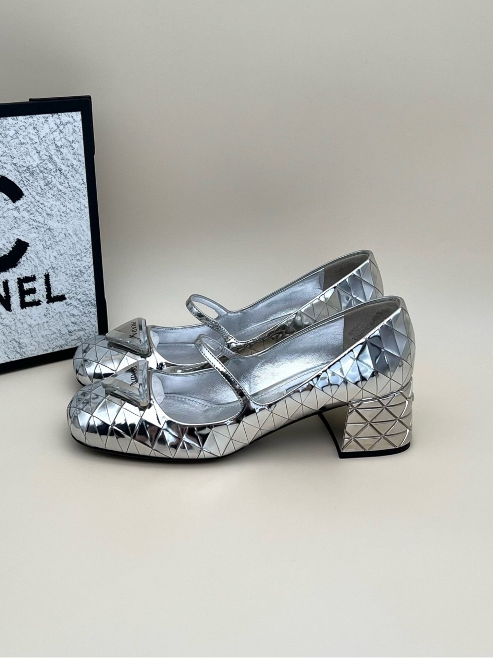 Prada Metallic Silver Quilted Mary Jane Block Heels